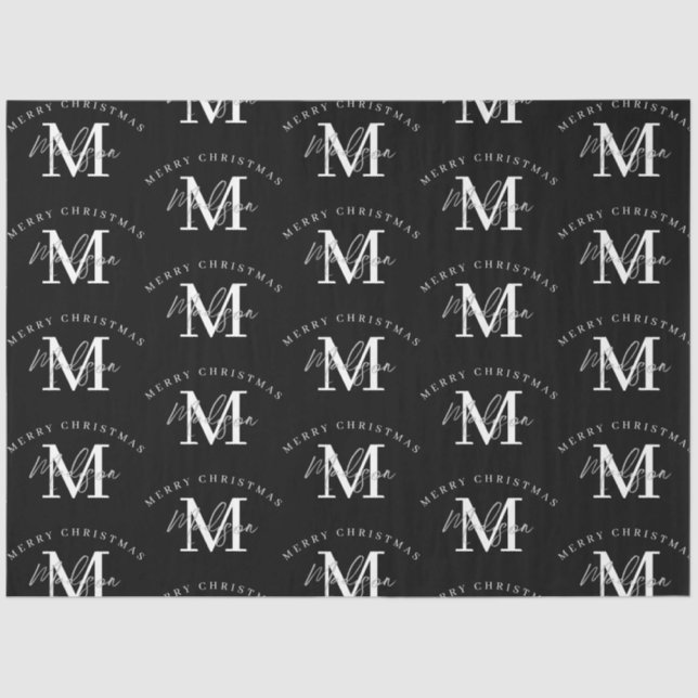 Personalised Merry Christmas Black White Monogram  Tissue Paper (Front)
