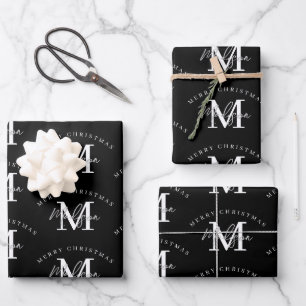 Personalised Merry Christmas Black White Monogram  Wrapping Paper Sheet