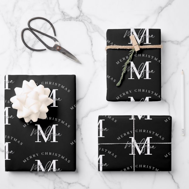 Personalised Merry Christmas Black White Monogram  Wrapping Paper Sheet (Front)