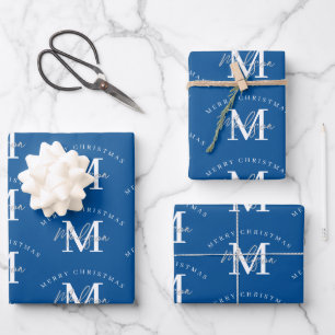 Personalised Merry Christmas Blue White Monogram  Wrapping Paper Sheet