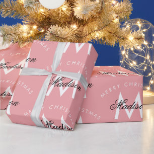 Personalised Merry Christmas Blush Pink Monogram Wrapping Paper