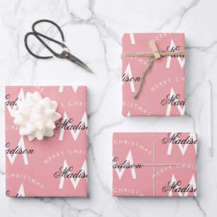 Personalised Merry Christmas Blush Pink Monogram Wrapping Paper Sheet