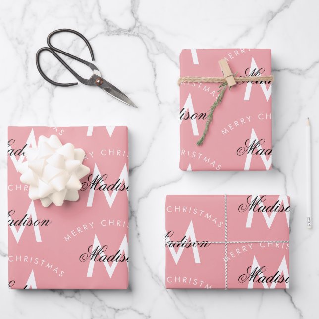 Personalised Merry Christmas Blush Pink Monogram Wrapping Paper Sheet (Front)