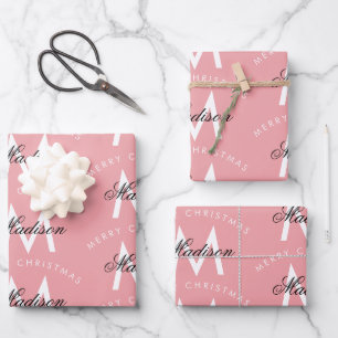 Personalised Merry Christmas Blush Pink Monogram Wrapping Paper Sheet
