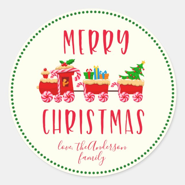 Personalised Merry Christmas Candy Train Holiday Classic Round Sticker (Front)