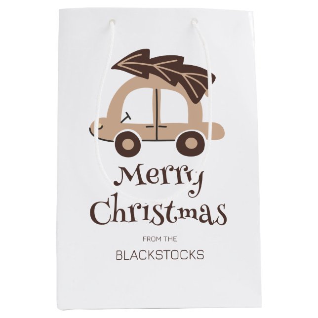 Personalised Merry Christmas Car With Tree Medium Gift Bag (Front)