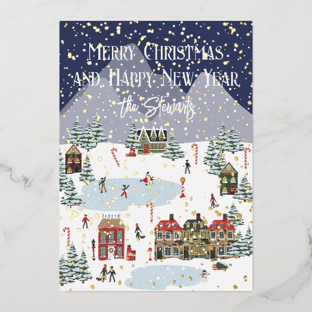 Personalised Merry Christmas Card with Gold Snow (Front)