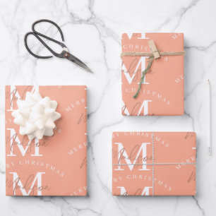 Personalised Merry Christmas Coral Monogram Wrapping Paper Sheet