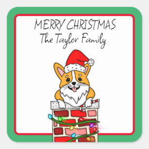 Personalised Merry Christmas Corgi in Chimney  Square Sticker