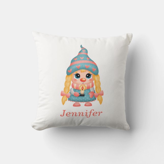 Personalised Merry Christmas Cute Gnome Girl Cushion (Front)