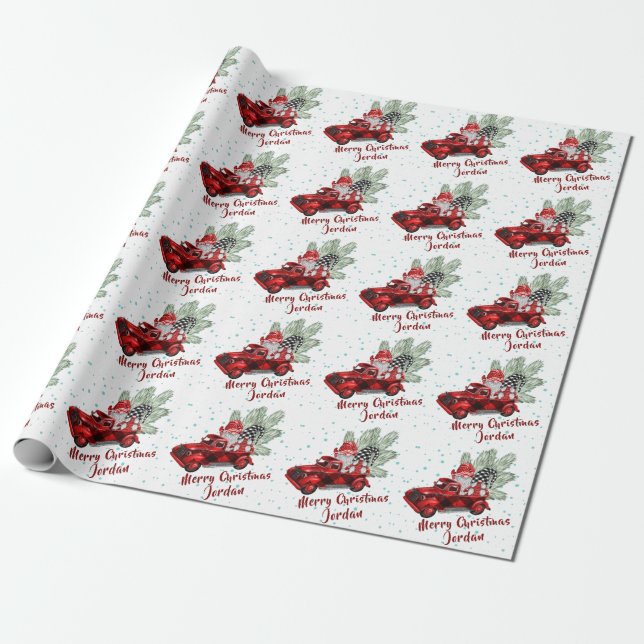 Personalised Merry Christmas Cute Gnomes Holiday Wrapping Paper (Unrolled)