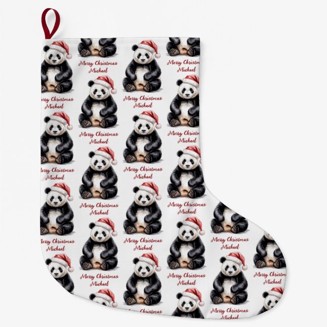 Personalised Merry Christmas Cute Panda Bear Large Christmas Stocking (Front)