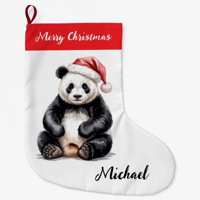 Personalised Merry Christmas Cute Panda Bear Large Christmas Stocking (Front)