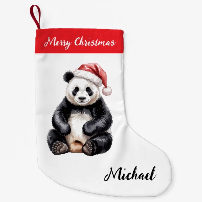 Personalised Merry Christmas Cute Panda Bear Small Christmas Stocking (Front)