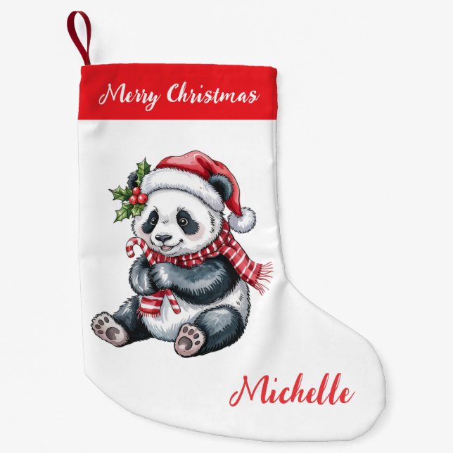 Personalised Merry Christmas Cute Panda Bear Small Christmas Stocking (Front)