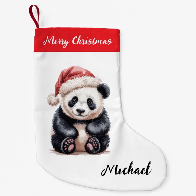 Personalised Merry Christmas Cute Panda Bear Small Christmas Stocking (Front)