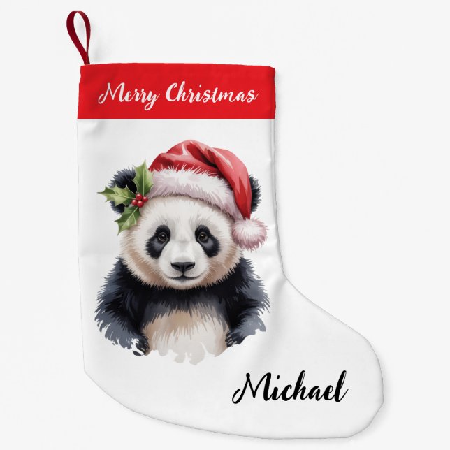 Personalised Merry Christmas Cute Panda Bear Small Christmas Stocking (Front)