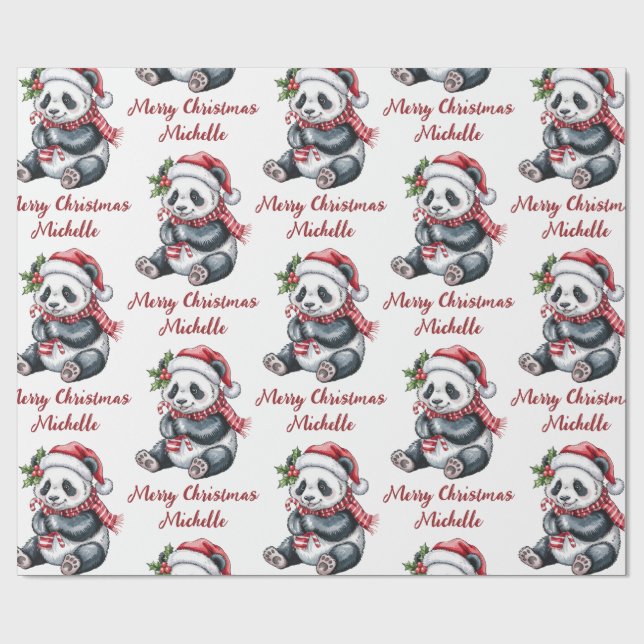 Personalised Merry Christmas Cute Panda Bear Wrapping Paper (Flat)