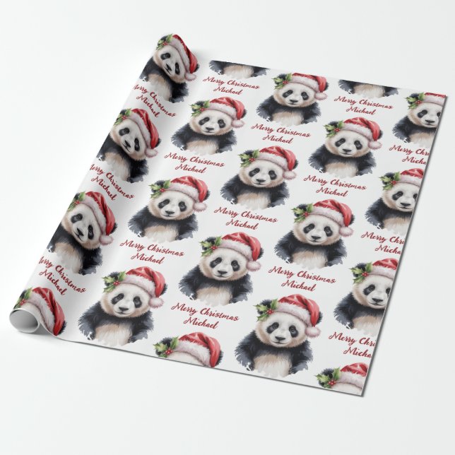 Personalised Merry Christmas Cute Panda Bear Wrapping Paper (Unrolled)
