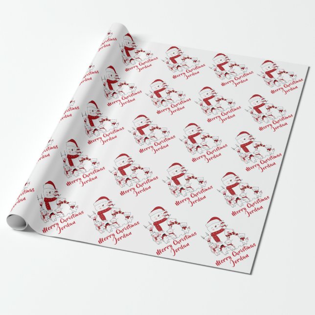 Personalised Merry Christmas Cute Snowman Holiday Wrapping Paper (Unrolled)