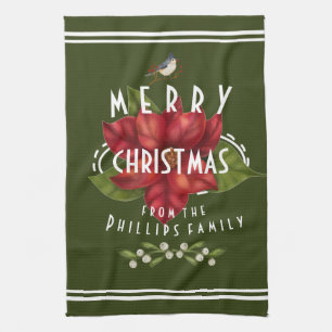 Personalised Merry Christmas dark green white Tea Towel