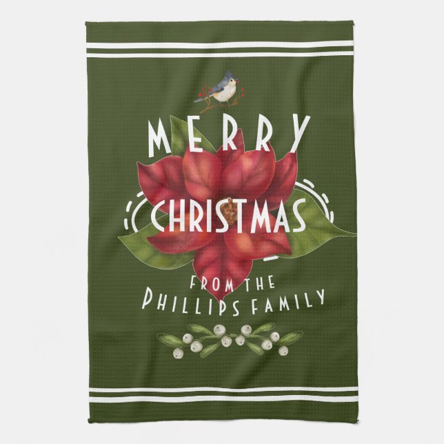 Personalised Merry Christmas dark green white Tea Towel (Vertical)