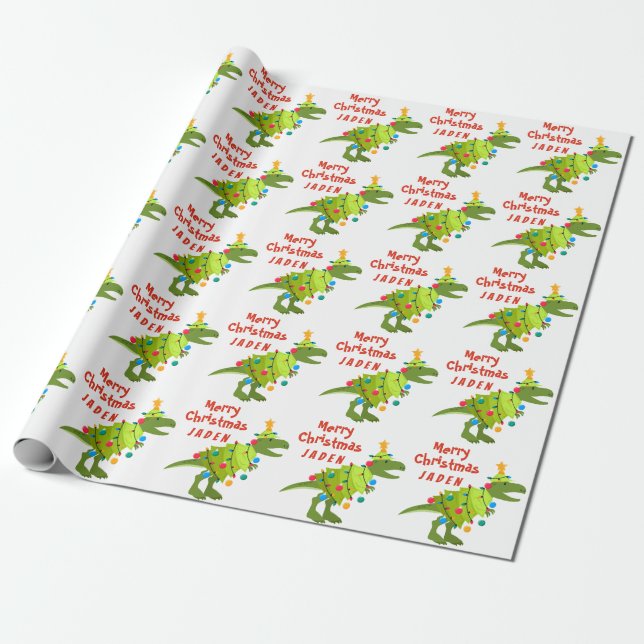 Personalised Merry Christmas Dinosaur Santa Hat Wrapping Paper (Unrolled)