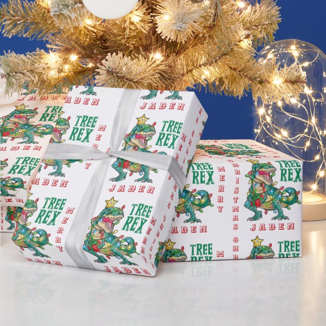 Personalised Merry Christmas Dinosaur Santa Hat Wrapping Paper (Holidays)