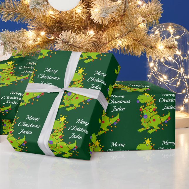 Personalised Merry Christmas Dinosaur Santa Hat Wrapping Paper (Holidays)