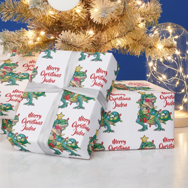 Personalised Merry Christmas Dinosaur Santa Hat Wrapping Paper (Holidays)