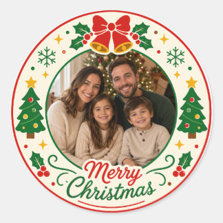 Personalised Merry Christmas Family Photo Circle Classic Round Sticker