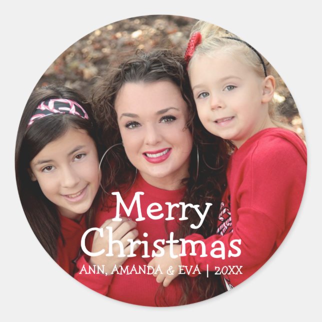 Personalised Merry Christmas Family Photo Classic Round Sticker (Front)