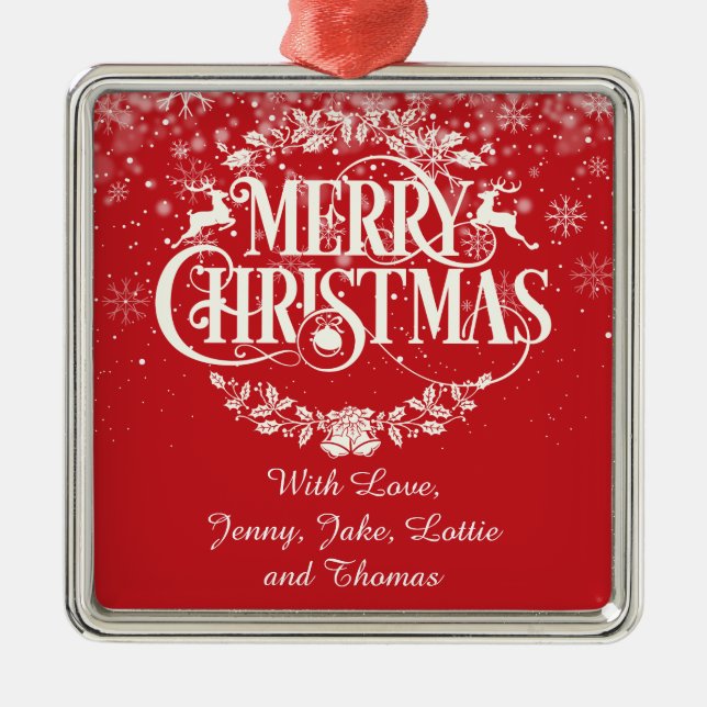 Personalised Merry Christmas Festive Red Metal Tree Decoration (Front)