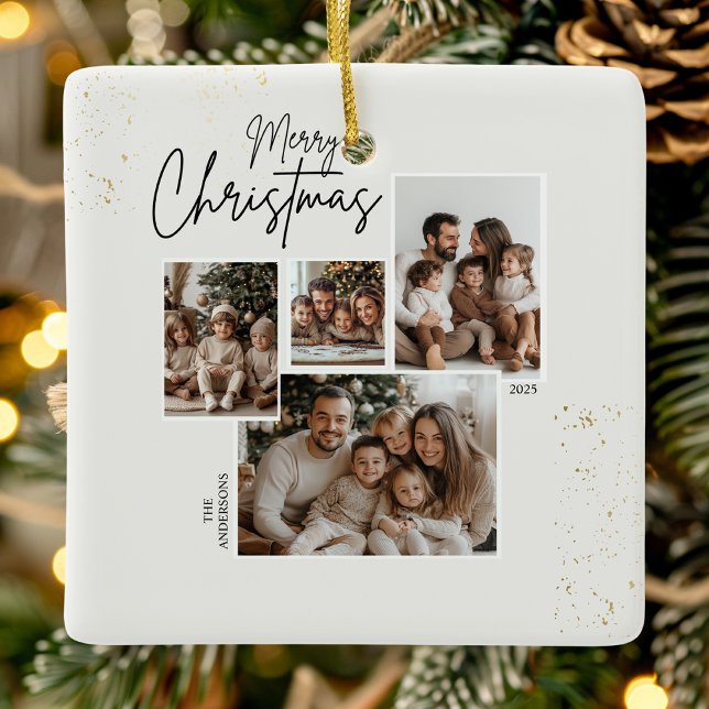 "Personalised Merry Christmas Four-Photo Collage  Ceramic Ornament (Creator Uploaded)