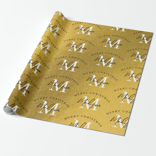 Personalised Merry Christmas Gold Foil Monogram Wrapping Paper (Unrolled)
