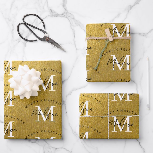 Personalised Merry Christmas Gold Foil Monogram  Wrapping Paper Sheet (Front)
