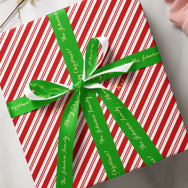 Personalised Merry Christmas Gold Green Gift Wrap Satin Ribbon (Personalized Merry Christmas Gold Green Gift Wrap Satin Ribbon)