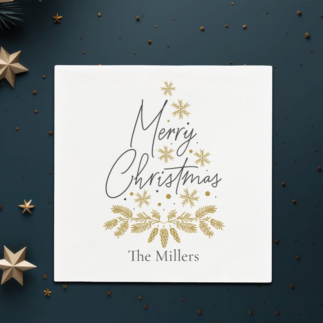 Personalised Merry Christmas, Gold Snowflakes Napkin (Creator Uploaded)