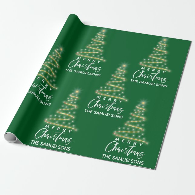 Personalised Merry Christmas Gold Tree Green Wrapping Paper (Unrolled)