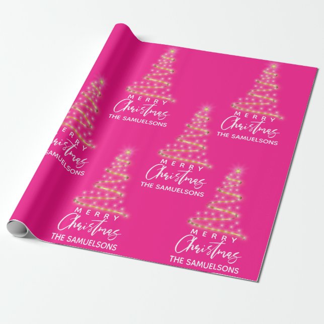 Personalised Merry Christmas Gold Tree Pink Wrapping Paper (Unrolled)