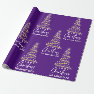Personalised Merry Christmas Gold Tree Purple Wrapping Paper
