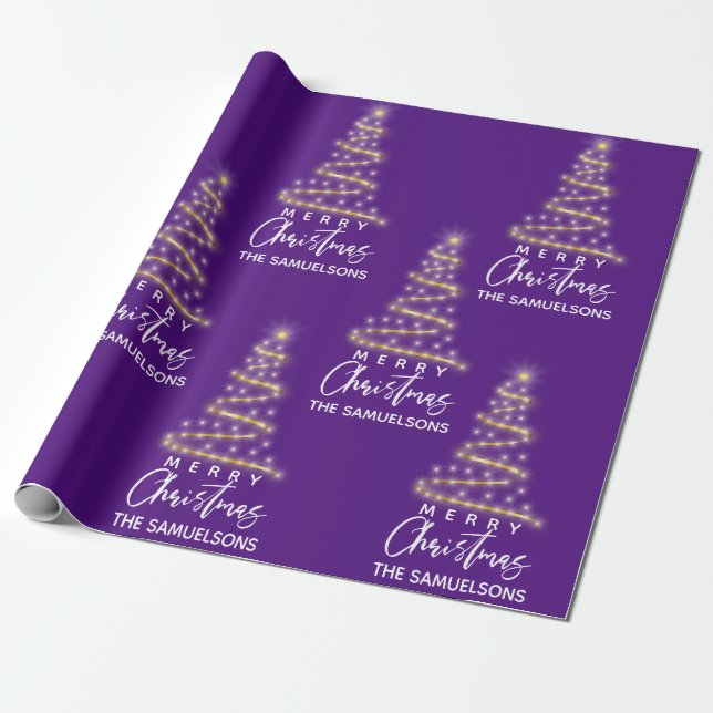 Personalised Merry Christmas Gold Tree Purple Wrapping Paper (Unrolled)