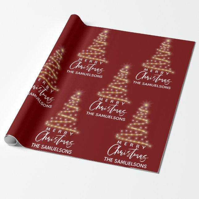 Personalised Merry Christmas Gold Tree Red Wrapping Paper (Unrolled)