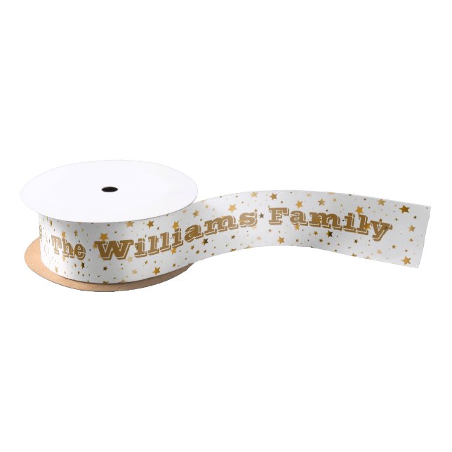 Personalised Merry Christmas & Golden Stars  Satin Ribbon (Spool)