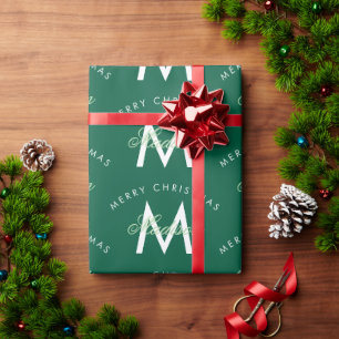 Personalised Merry Christmas Green Monogram Wrapping Paper