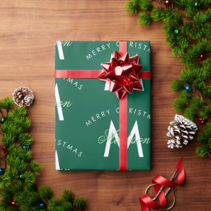 Personalised Merry Christmas Green Monogram Wrapping Paper