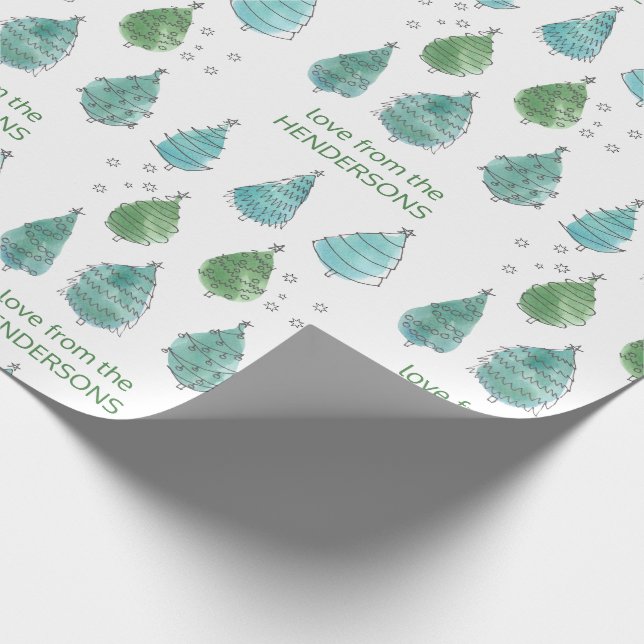 Personalised Merry Christmas Green Pine Trees  Wrapping Paper (Corner)