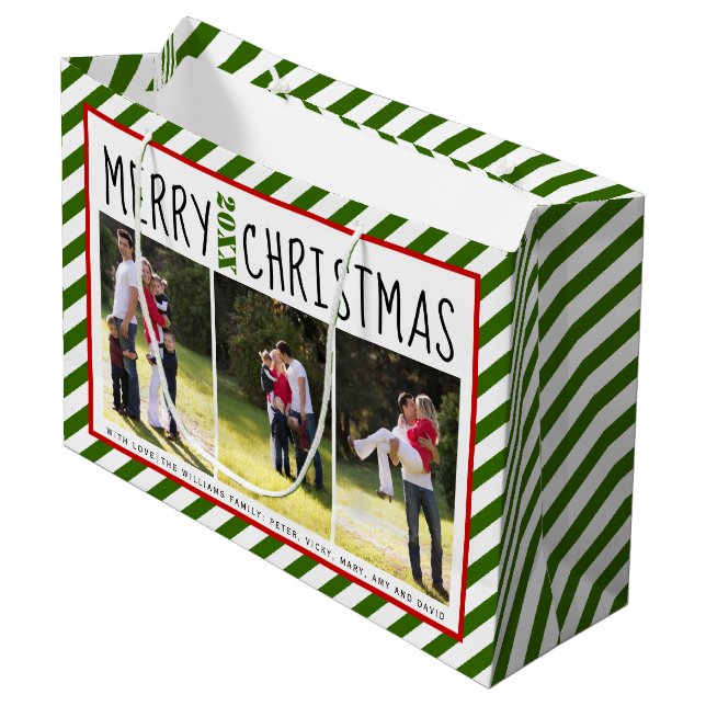 Personalised Merry Christmas green stripes photo Large Gift Bag (Front Angled)