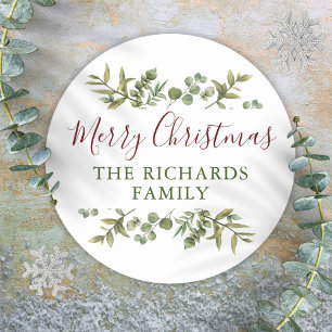 Personalised Merry Christmas Greenery Family Classic Round Sticker