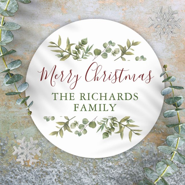 Personalised Merry Christmas Greenery Family  Classic Round Sticker (Personalized Merry Christmas Greenery Family Classic Round Sticker)